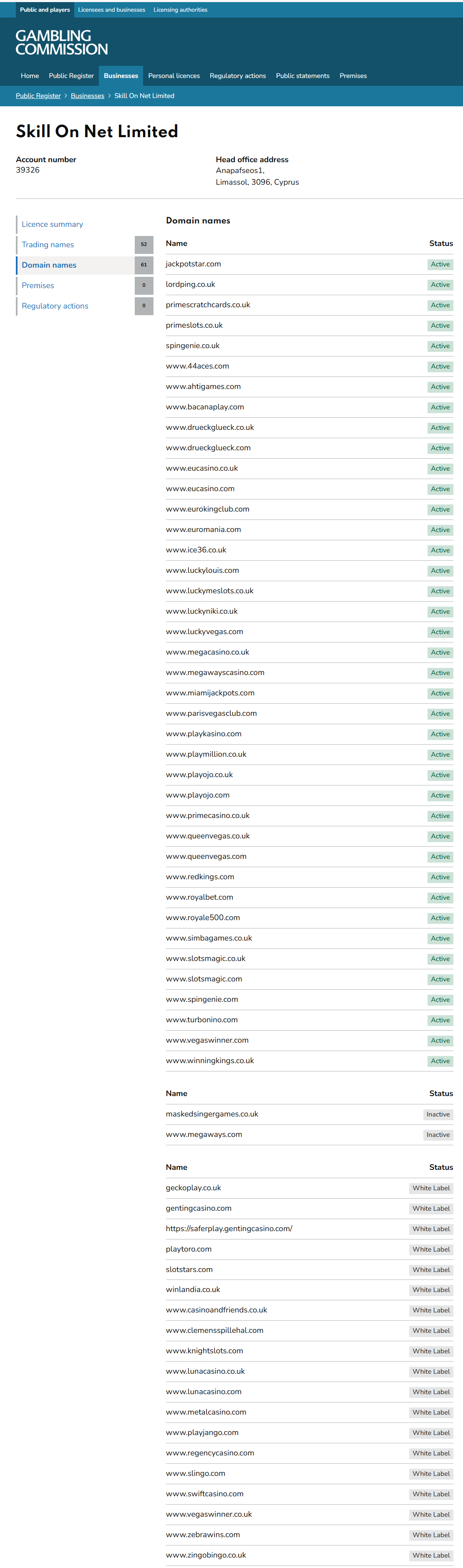 gambling commission register listing zingobingo.co.uk as a white label domain under skill on net limited