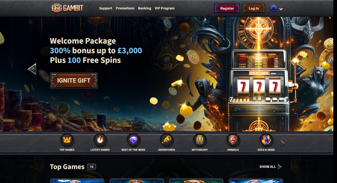 666 gambit homepage with hooded figures around a slot machine