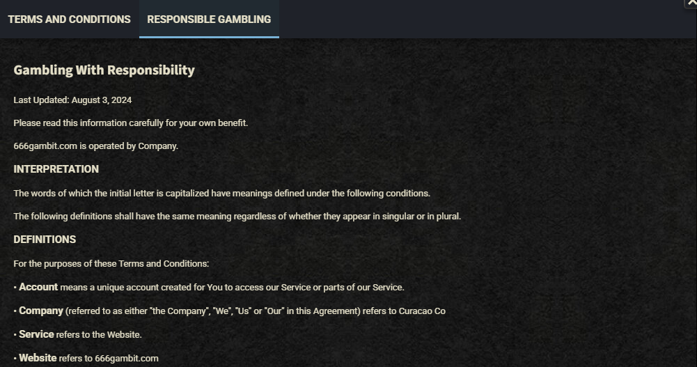 666 gambit page stating the site is operated by company