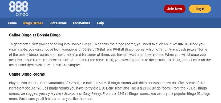 888 bingo bingo games page telling players to log into bonnie bingo
