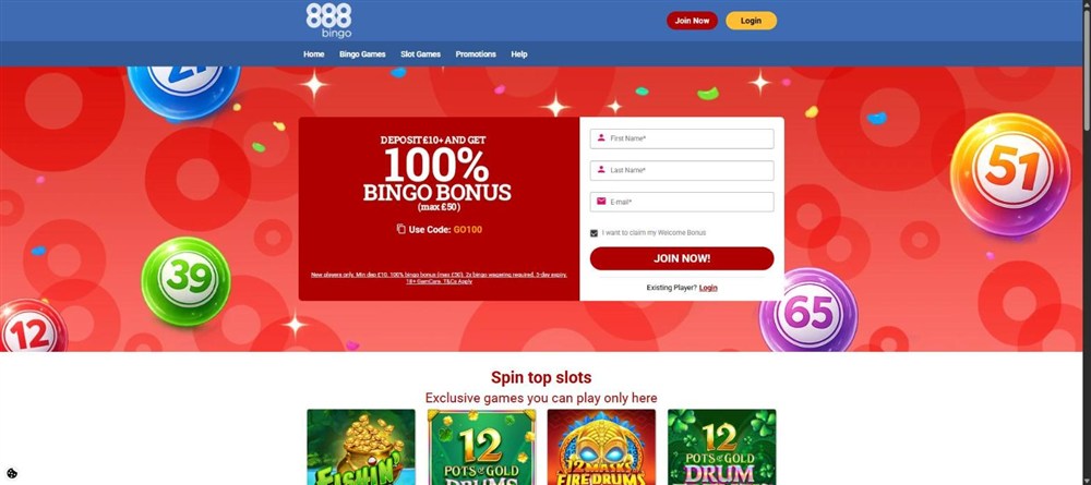 888 bingo homepage with its go100 bingo bonus