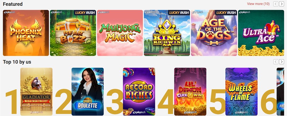 bar 1 casino lobby with featured and top 10 slots