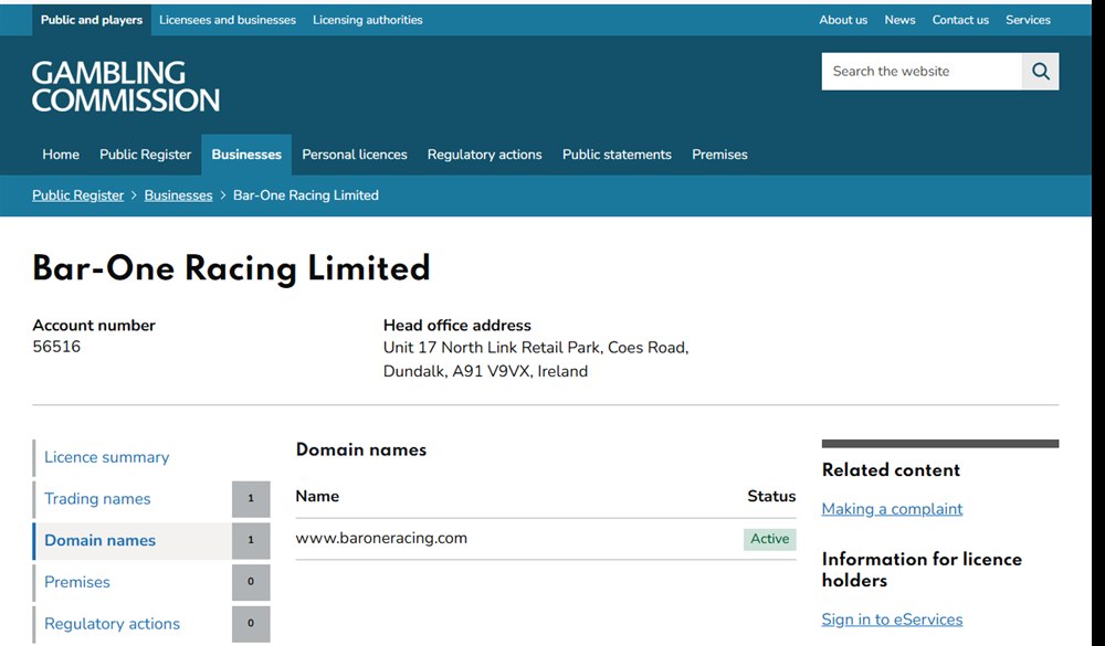 uk gambling commission register showing one domain for bar-one racing limited