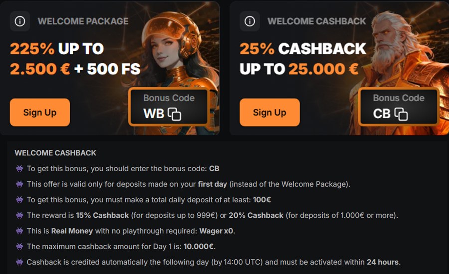 bet4star cashback tile promising 25 percent up to 25000 above terms giving 15 or 20 percent up to 10000