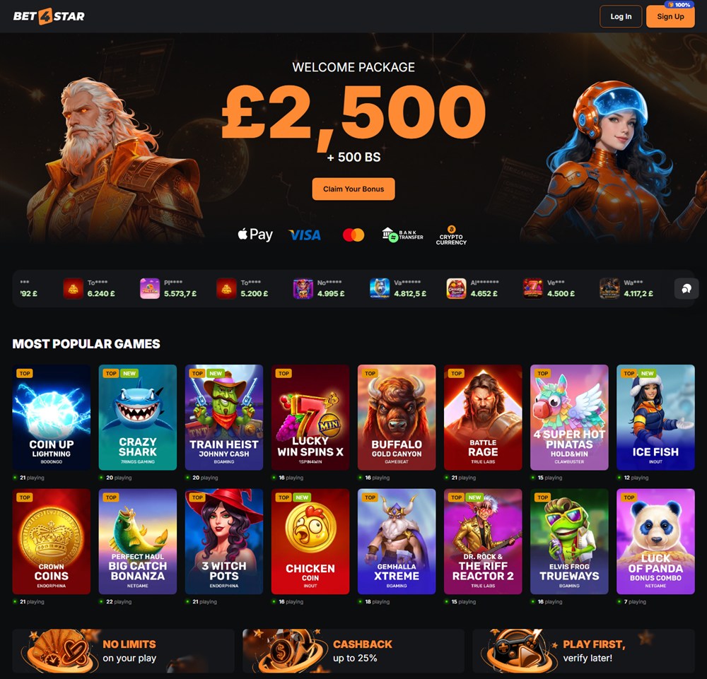 bet4star space themed homepage with its welcome package banner and popular games