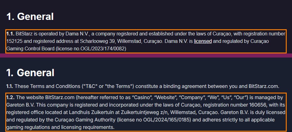 bitstarz terms from may 2025 naming dama n.v. above its current terms naming gareton b.v.