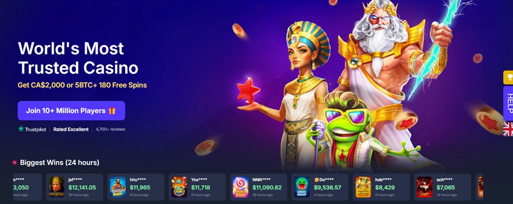 bitstarz homepage with cartoon slot characters and a strip of the biggest wins