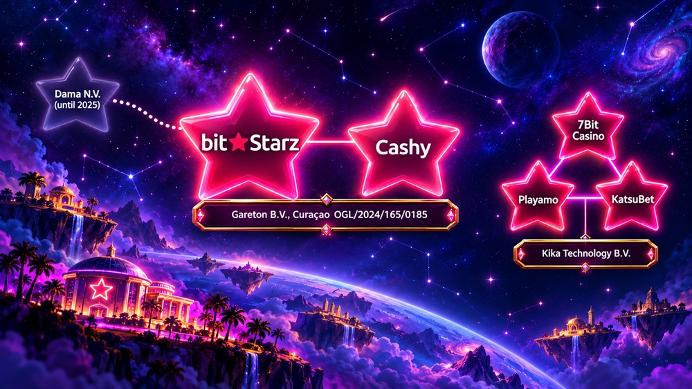 star map diagram of bitstarz and cashy under gareton b.v., with former dama casinos 7bit casino, playamo and katsubet under kika technology b.v.