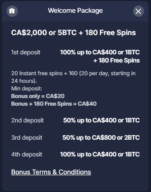 bitstarz welcome package of ca$2,000 or 5 btc plus 180 free spins over four deposits