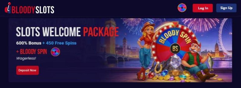 bloody slots homepage with a london skyline and the bloody spin wheel