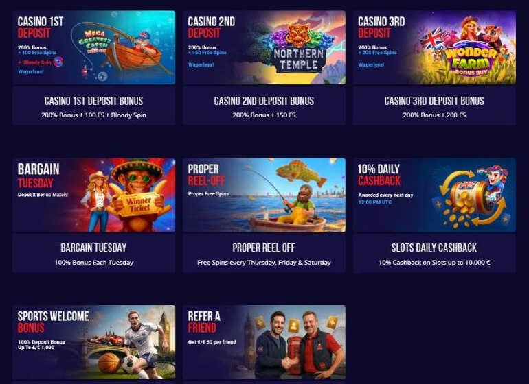 bloody slots promotions page with british slang offers