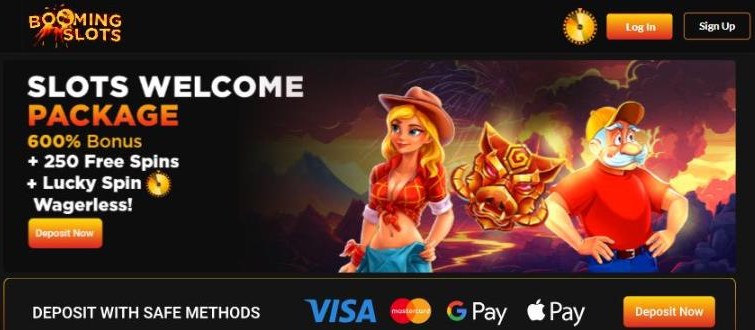 booming slots homepage with its volcano welcome banner
