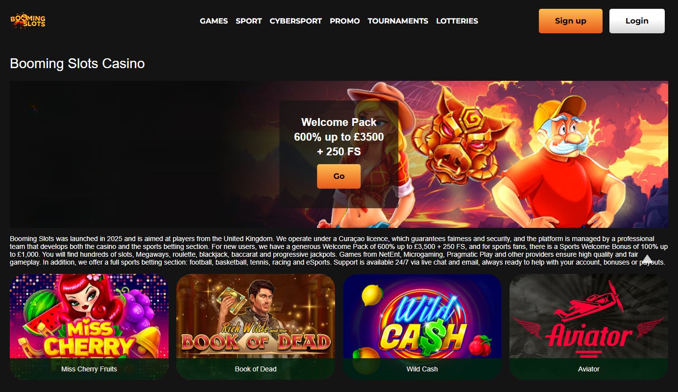 boomingslots.co.uk page calling itself booming slots casino