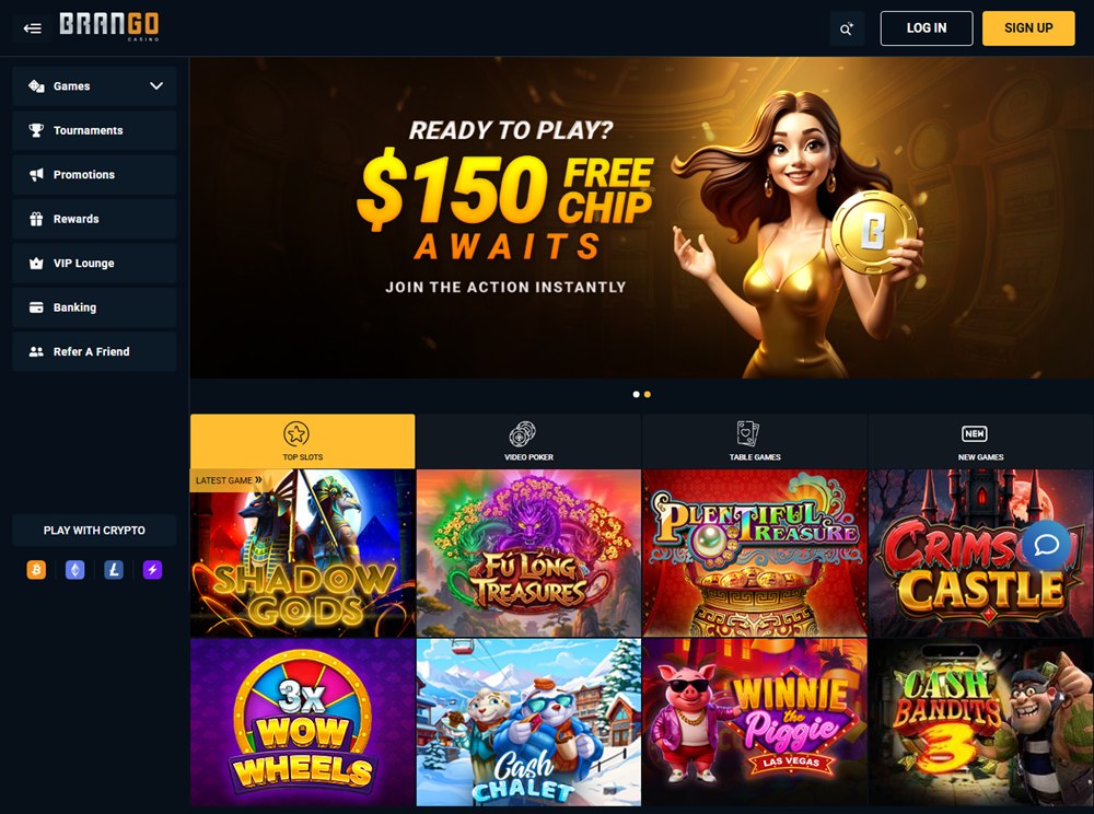 brango casino homepage with its free chip offer and top slots
