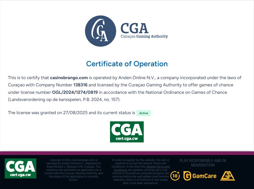 brango casino curacao gaming authority certificate above its footer describing a licence application