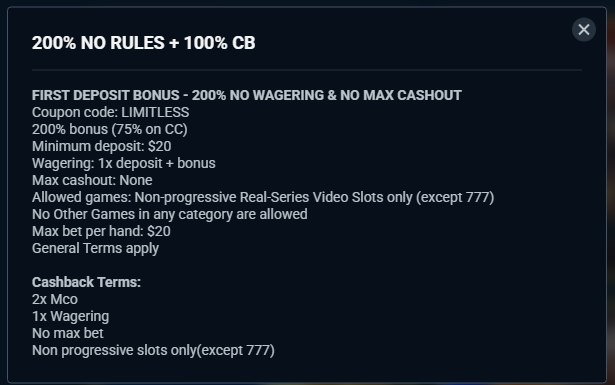 brango casino no rules bonus terms showing 1x wagering under a no wagering heading