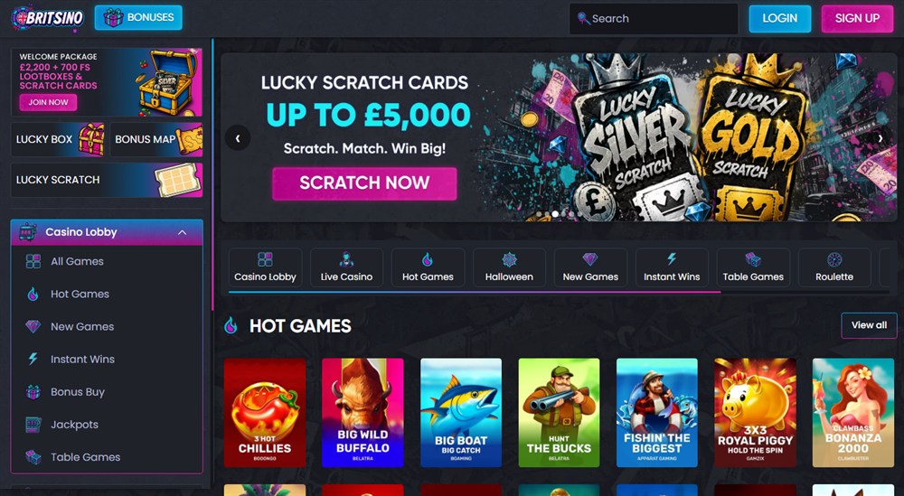britsino homepage with graffiti-style lucky silver and gold scratch cards