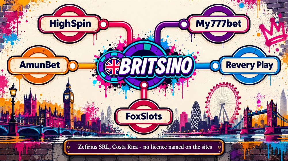 tube map diagram with britsino as the central station and lines to highspin, my777bet, amunbet, revery play and foxslots above a zefirius srl plaque
