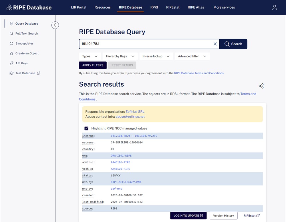 ripe database record for britsino's server address showing zefirius srl of costa rica as the responsible organisation