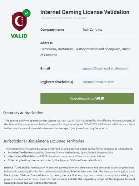 anjouan validation page for casino adrenaline excluding the uk and usa