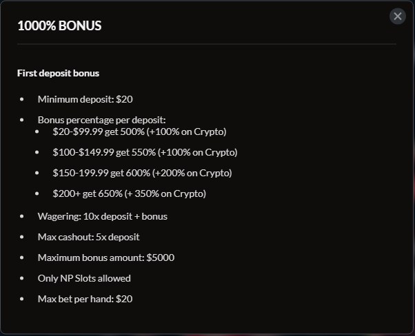 casino extreme 1000 percent bonus terms with deposit bands, 10x wagering and a 5x deposit cash-out cap