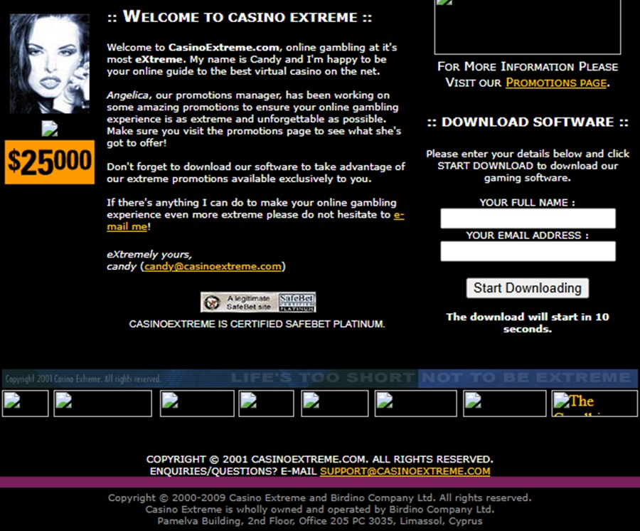 archived 2001 casino extreme homepage above its 2010 footer naming birdino company ltd