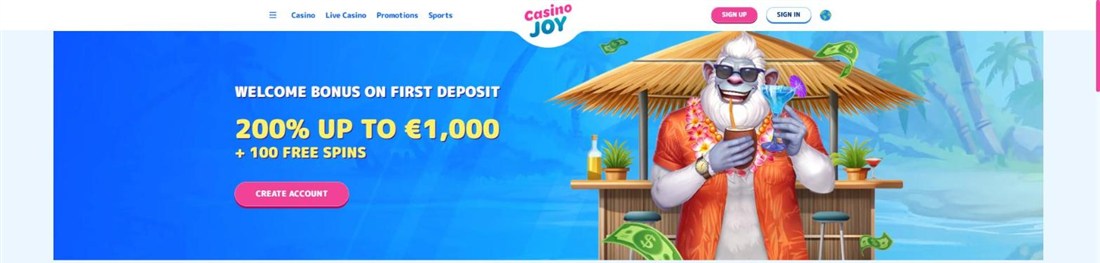 casino joy homepage with a yeti in a hawaiian shirt at a beach bar