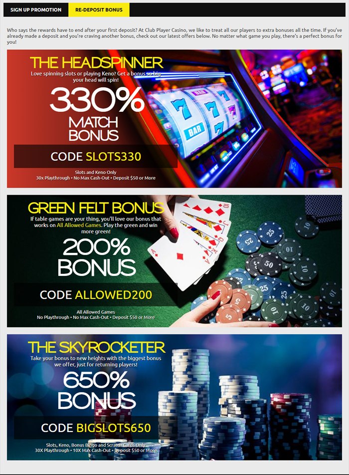 club player casino re-deposit bonuses of 330, 200 and 650 percent
