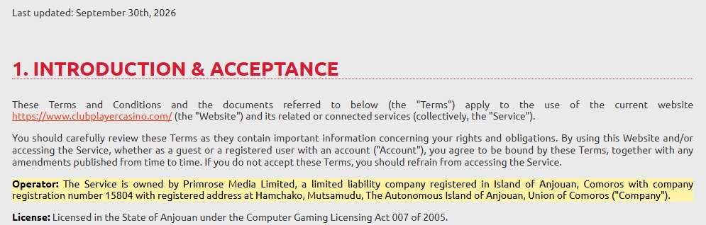 club player casino terms naming primrose media limited as operator
