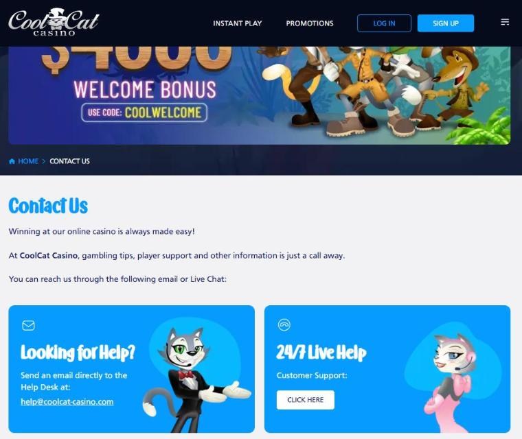 coolcat casino contact page with a 4000 dollar welcome bonus banner and support just a call away