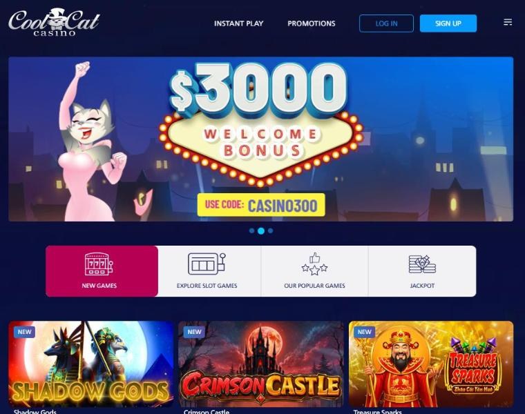 coolcat casino homepage with a 3000 dollar welcome bonus and a cartoon cat