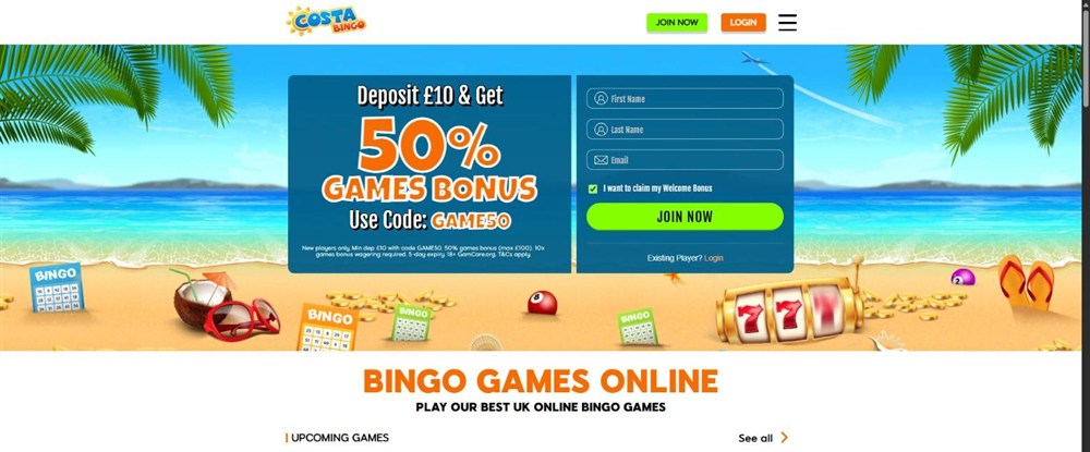 costa bingo beach themed homepage with its games bonus banner