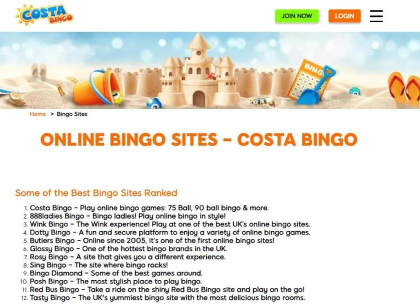 costa bingo bingo sites page ranking costa bingo first among twelve broadway brands