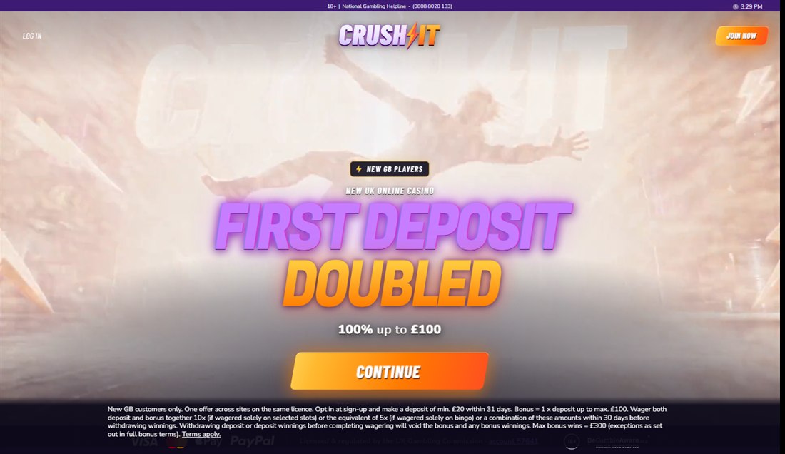 crush it casino homepage with its first deposit doubled offer