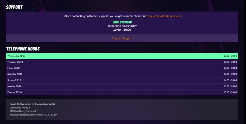 crush it casino support page with telephone hours
