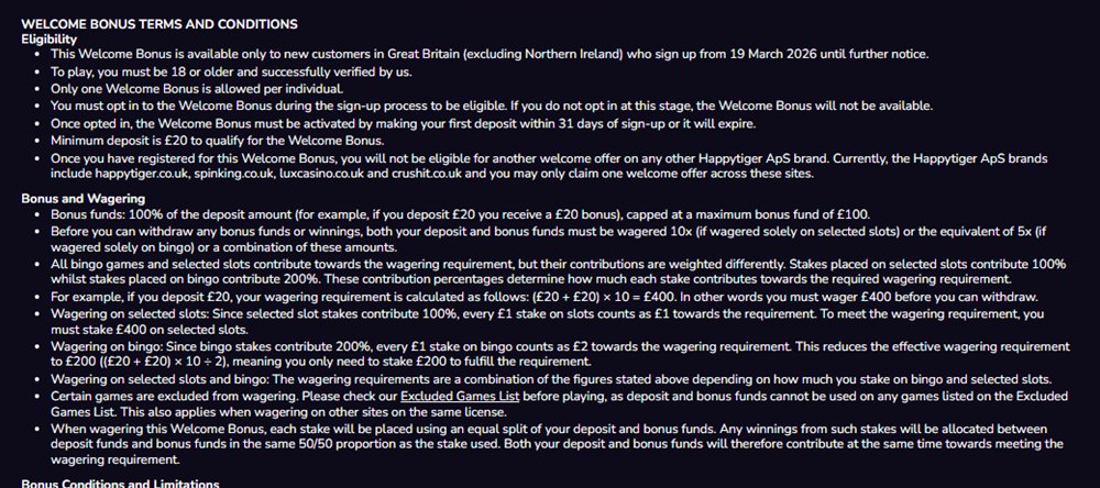 crush it casino welcome bonus terms with deposit and bonus wagered 10x