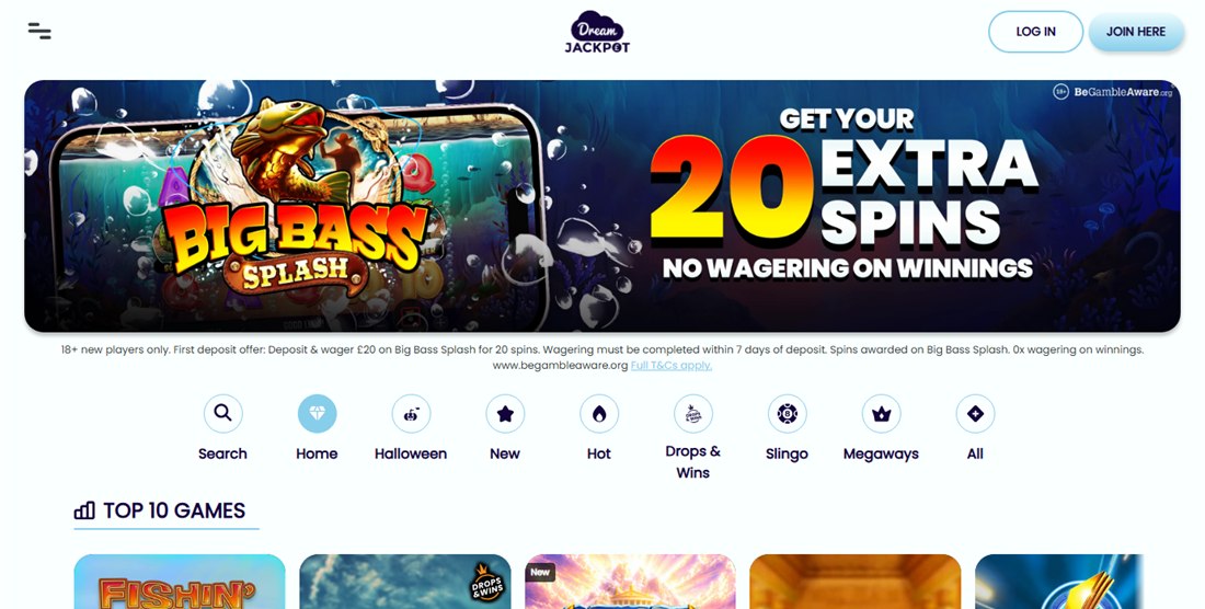 dream jackpot homepage with its big bass splash extra spins offer