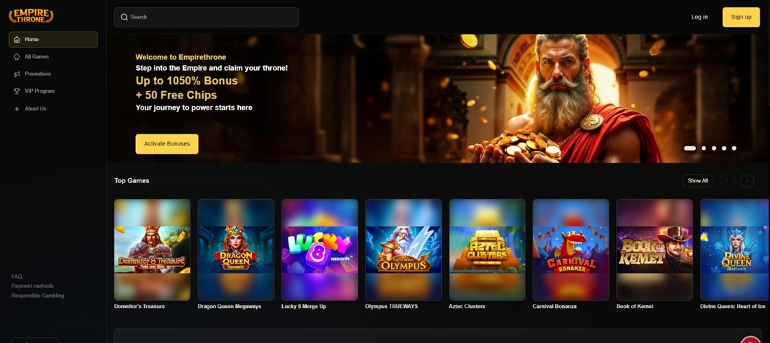 empire throne casino homepage with a bearded emperor holding gold coins