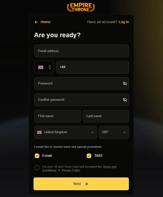 empire throne casino sign-up form with united kingdom and gbp preselected