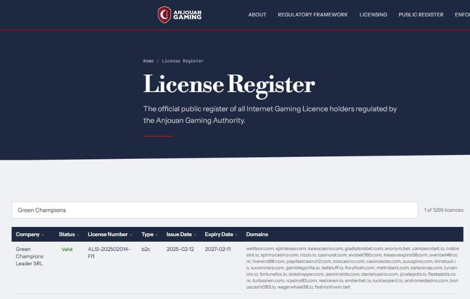 anjouan gaming register entry for green champions leader srl with 41 domains
