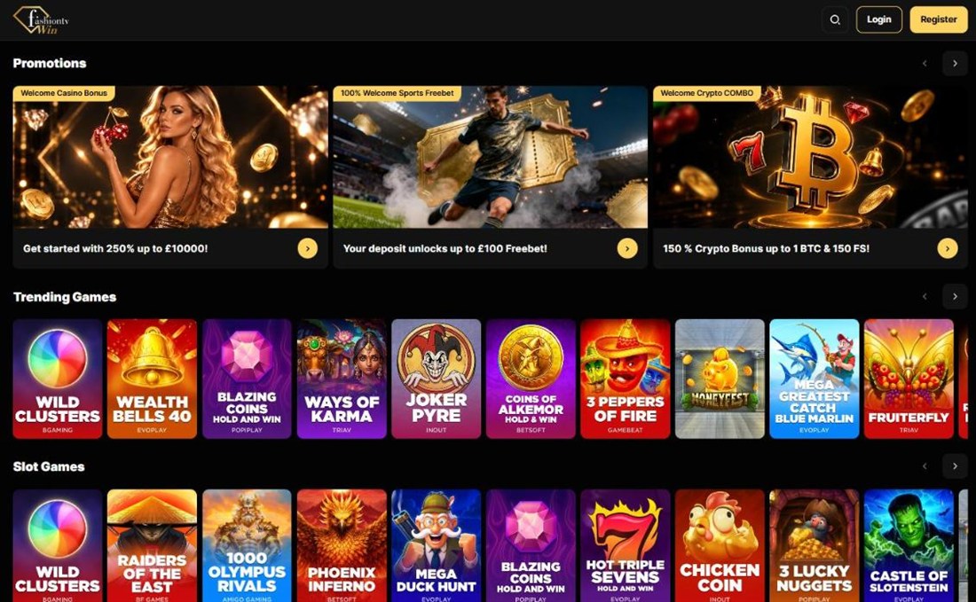 fashion tv win homepage with a 250 percent welcome bonus and trending slots