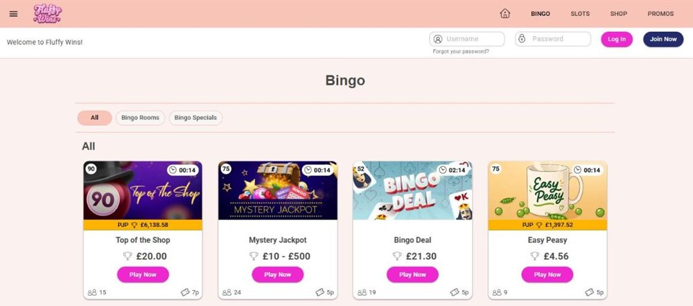 fluffy wins bingo lobby with top of the shop, mystery jackpot, bingo deal and easy peasy rooms