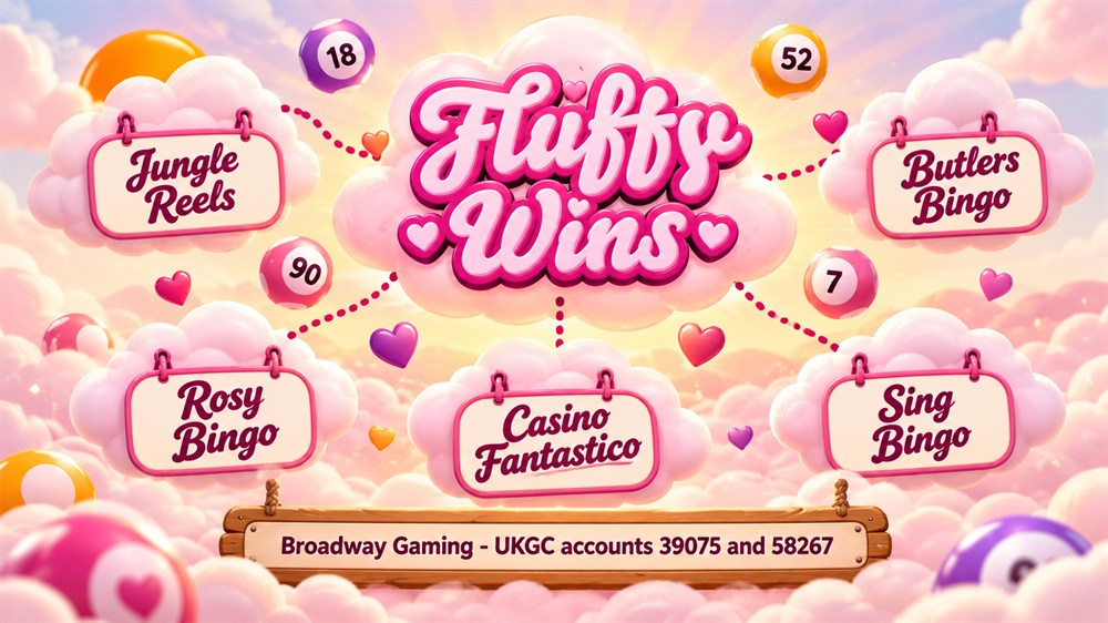 fluffy wins sister sites network diagram with clouds for jungle reels, butlers bingo, rosy bingo, casino fantastico and sing bingo