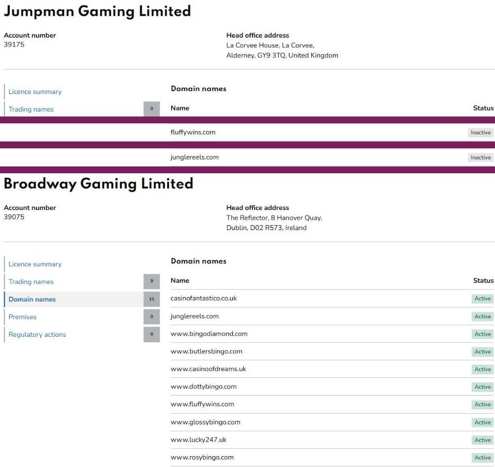 uk gambling commission register listing fluffywins.com as inactive under jumpman gaming limited and active under broadway gaming limited