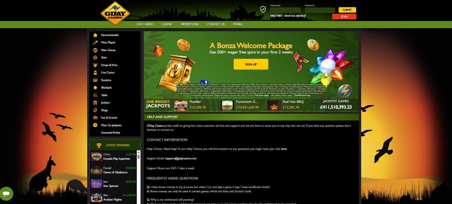 gday casino outback homepage with its bonza welcome package banner