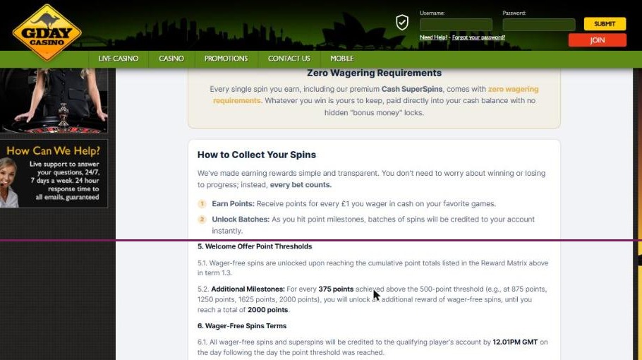 gday casino welcome offer page saying spins arrive instantly above a term saying they arrive the next day
