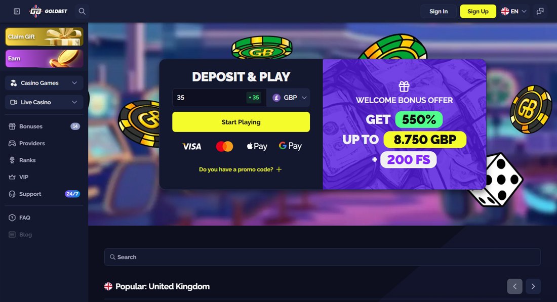 goldbet homepage with its 550% welcome offer in pounds and a popular in the united kingdom row