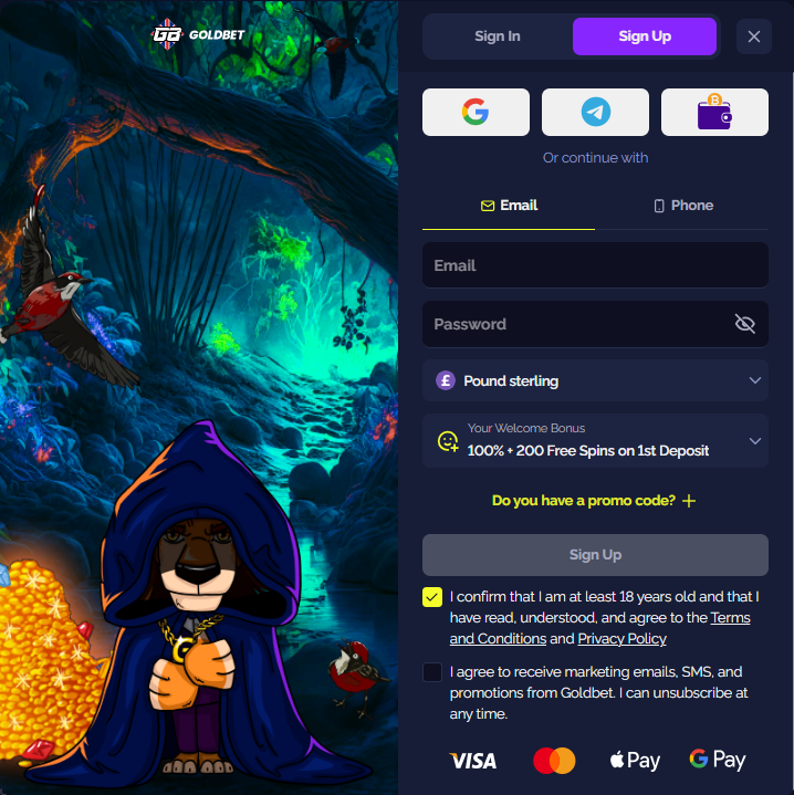 goldbet sign-up form with pound sterling selected and the terms box already ticked