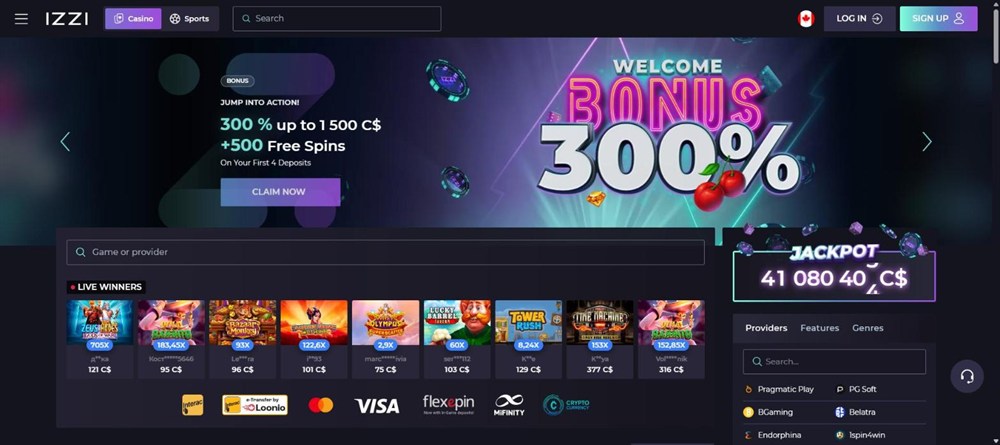 izzi casino homepage with a neon welcome bonus 300% sign, cherries and a jackpot counter in canadian dollars