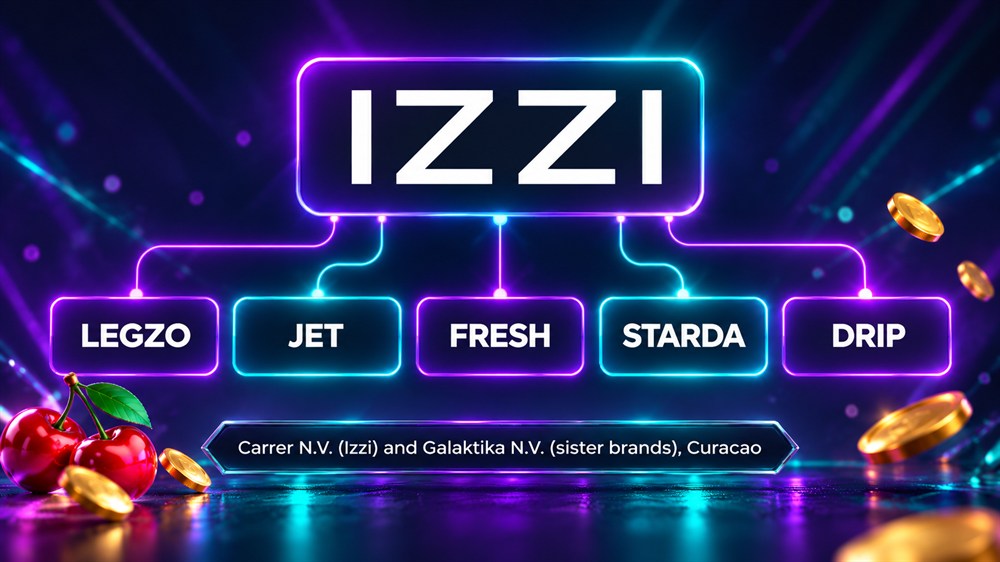 neon diagram linking the izzi sign to legzo, jet, fresh, starda and drip with a plaque naming carrer n.v. and galaktika n.v.